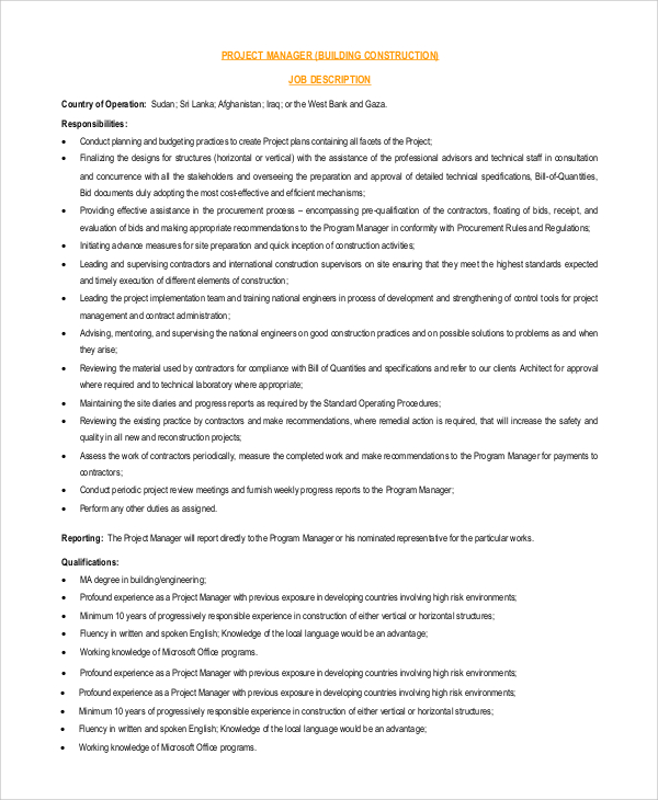 Construction Project Manager Job Description 