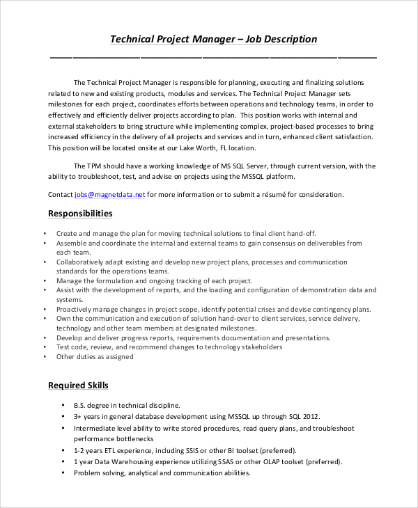 FREE 9+ Sample Project Manager Job Description Templates in PDF | MS Word