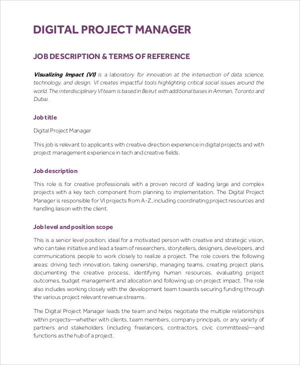 Free 9 Sample Project Manager Job Description Templates In Pdf