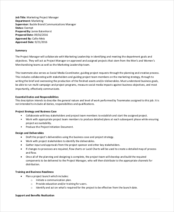 marketing project manager job description