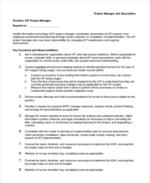 Free 9 Sample Project Manager Job Description Templates In Pdf