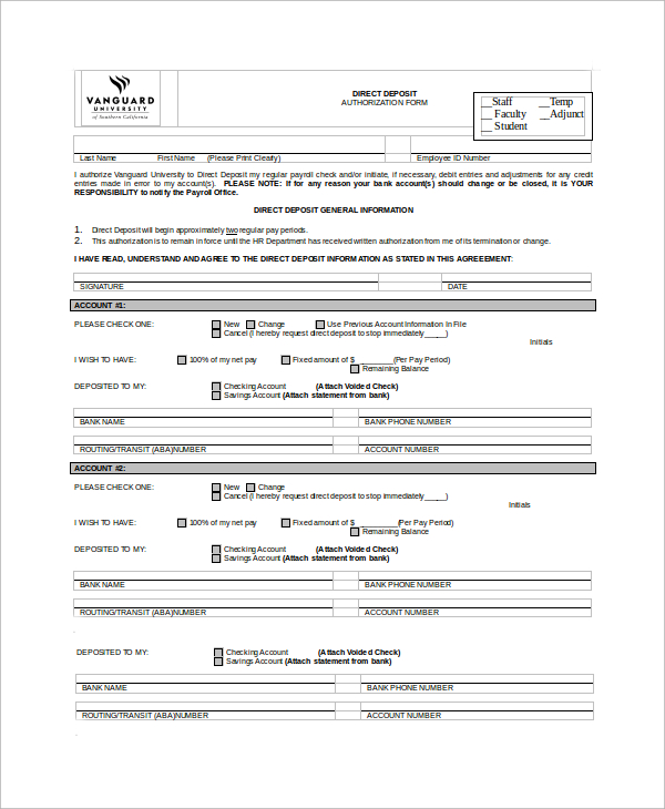 FREE 8 Sample Direct Deposit Forms In MS Word PDF