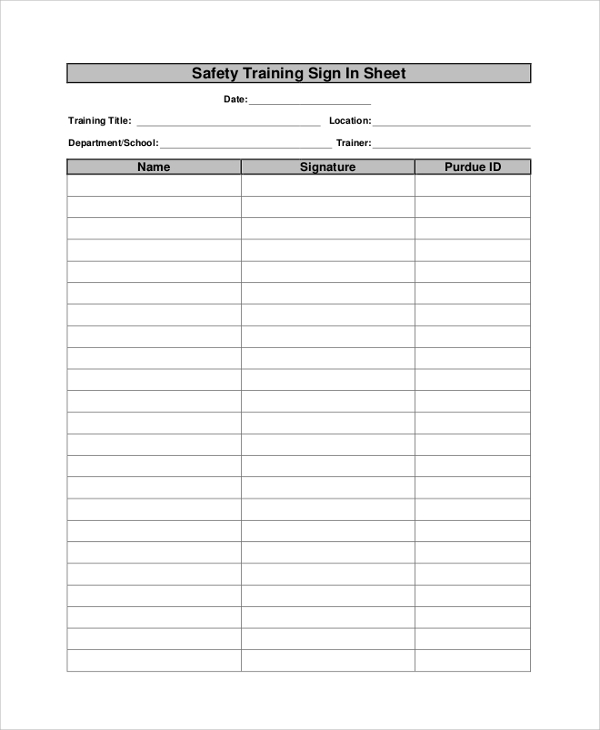 safety training sign in sheet