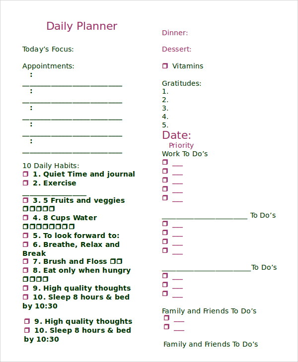 printable daily planner worksheet
