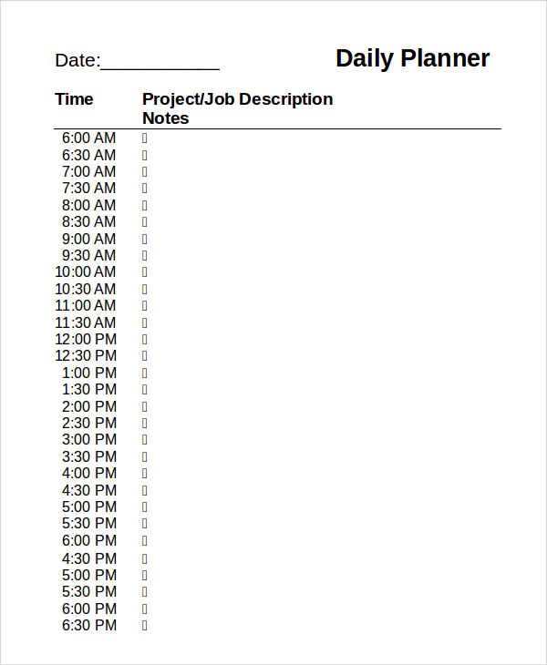 printable project daily planner