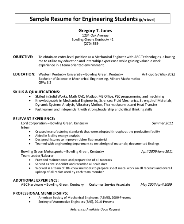 objective for resume examples for students