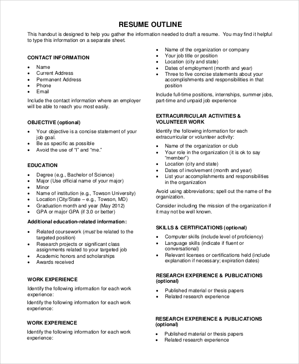 standard resume outline