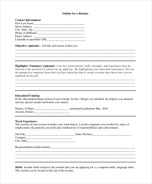 sample resume outline