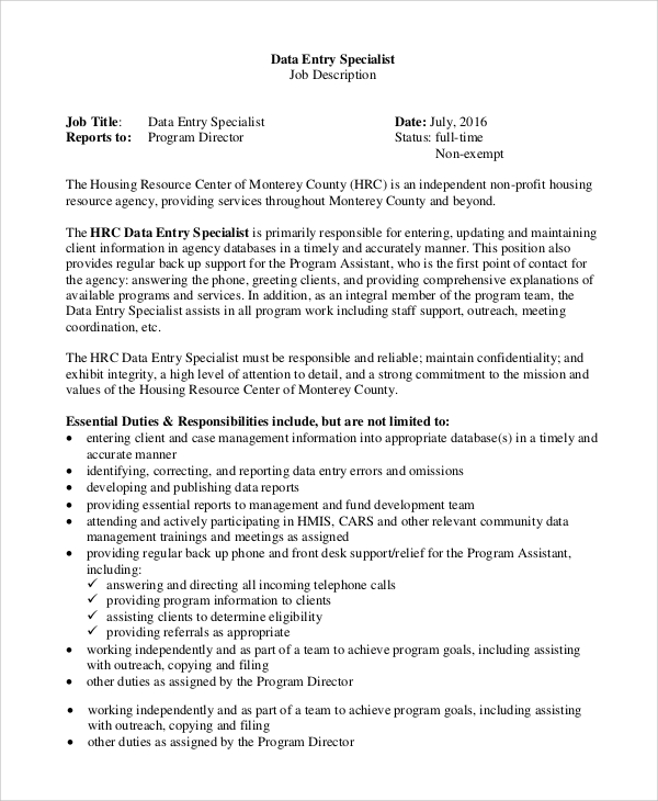 data entry job description for resume with no experience