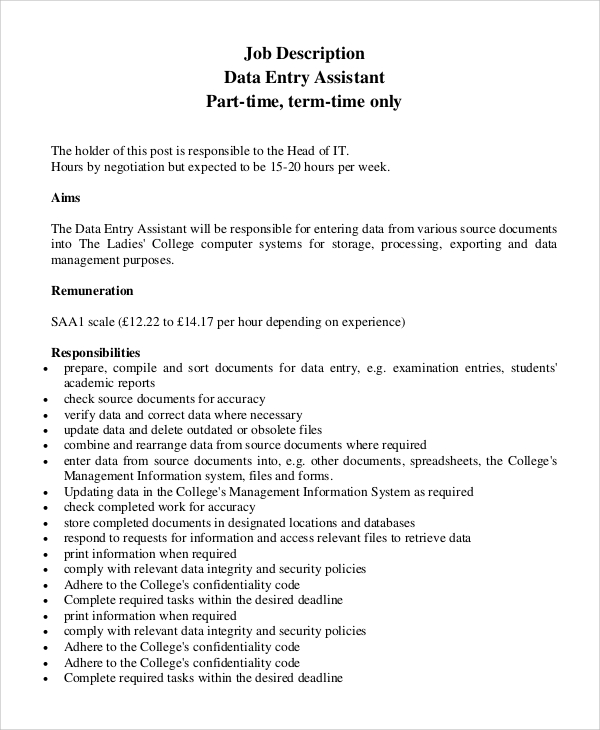 Data Entry Job Description Template