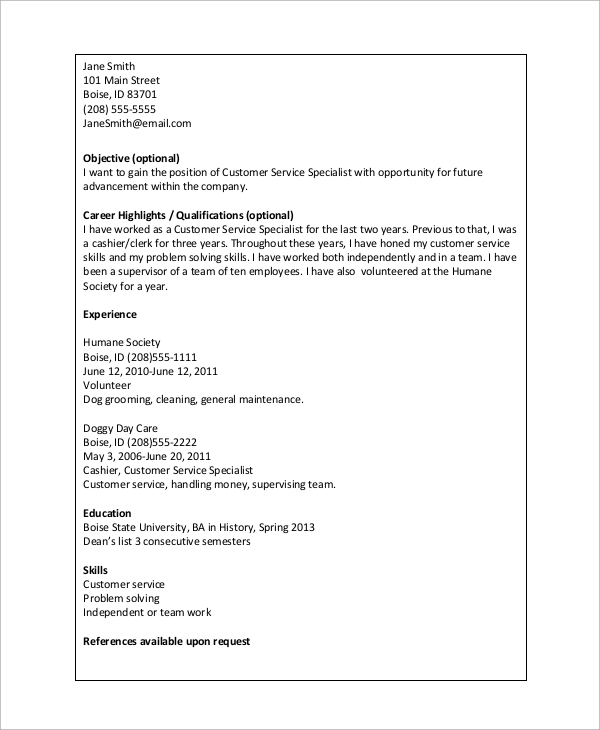 basic resume format example