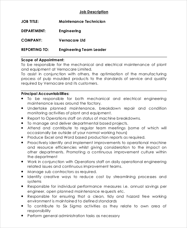 maintenance technician job description