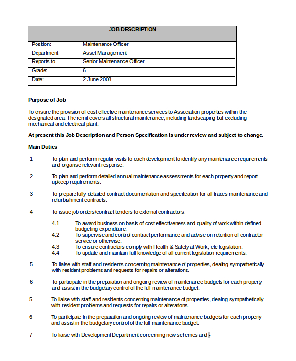 FREE 9 Sample Maintenance Job Description Templates In PDF MS Word