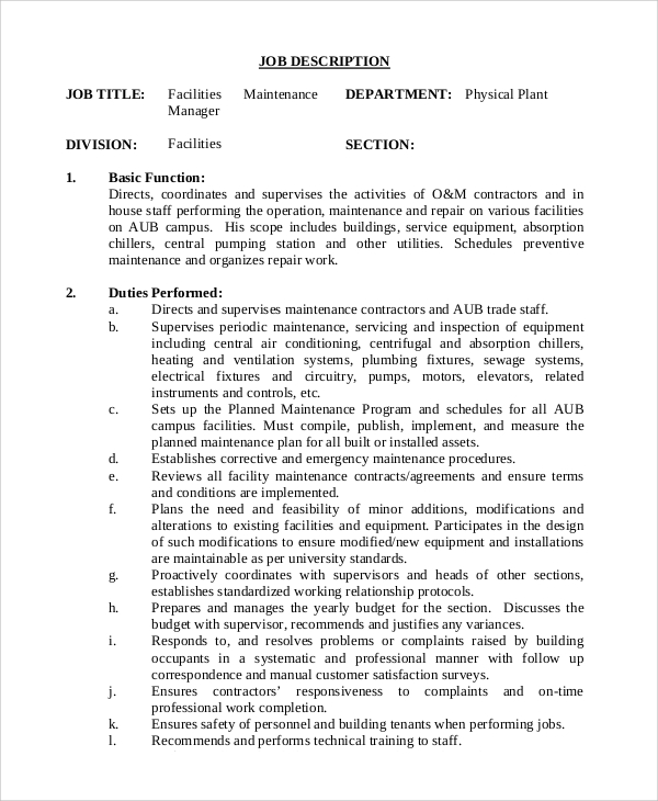 Maintenance Job Description Template   Maintenance Manager Job Description1 