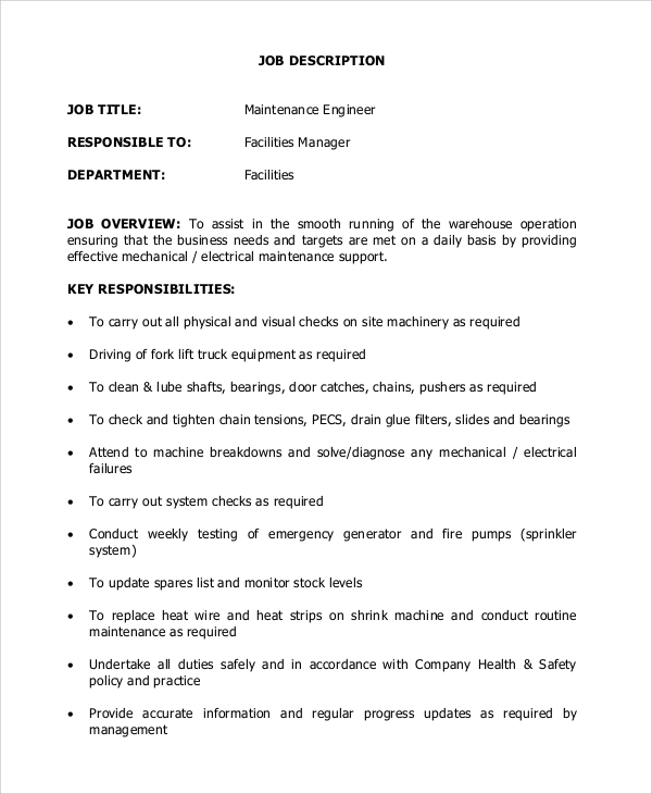 maintenance engineer job description