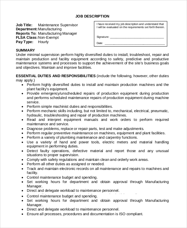 Maintenance Manager Job Description Pdf