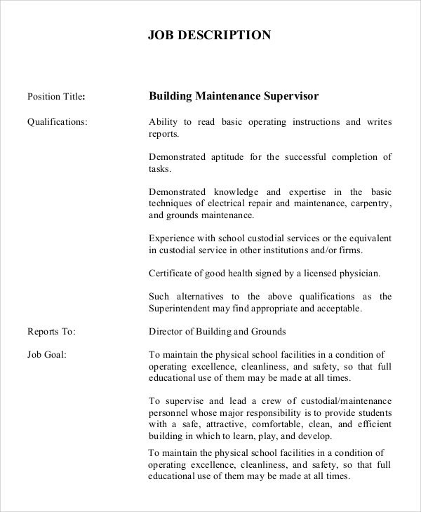 Maintenance Job Description Template   Building Maintenance Job Description 