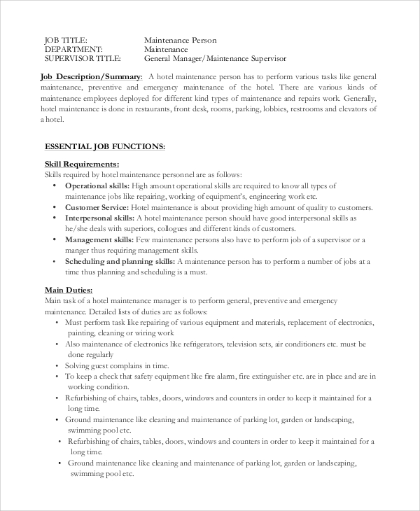 Apartment Maintenance Supervisor Job Description