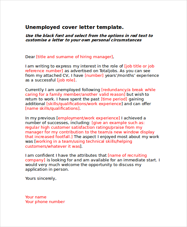 Unemployment Cover Letter Sample