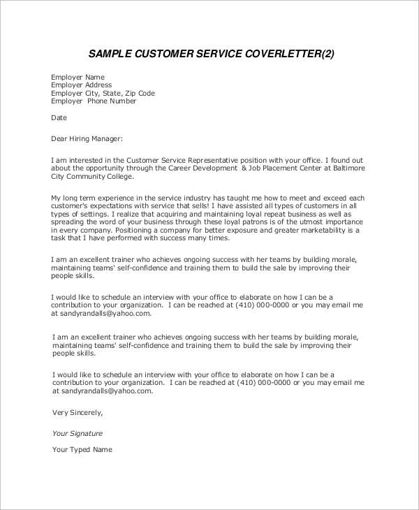 8+ Sample Customer Service Cover Letters Sample Templates