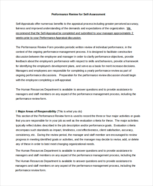 Self assessment performance review examples of each