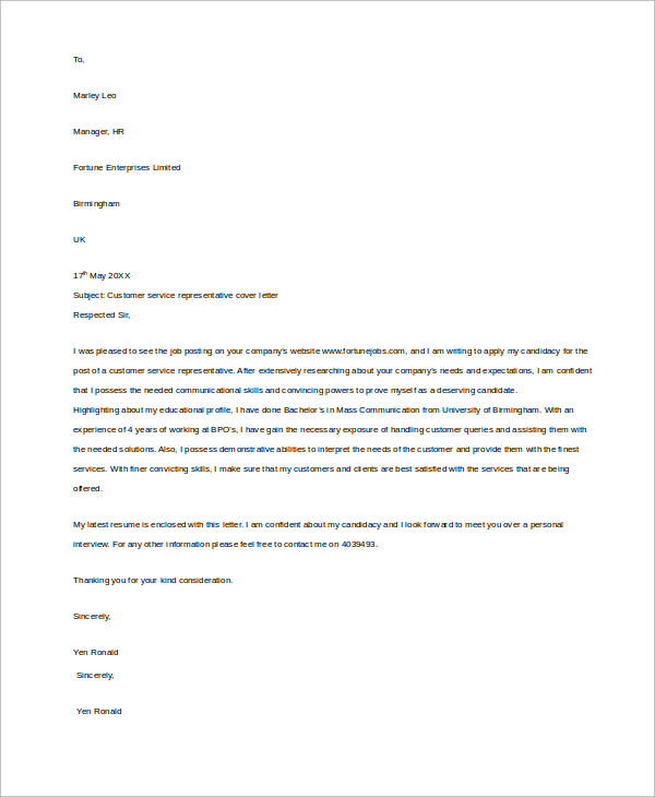 8+ Sample Customer Service Cover Letters | Sample Templates