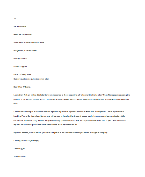 cover letter for customer service job