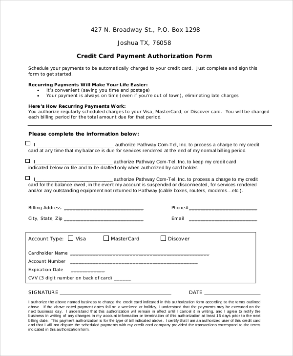 recurring credit card authorization form sample