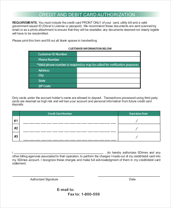 credit and debit card authorization form