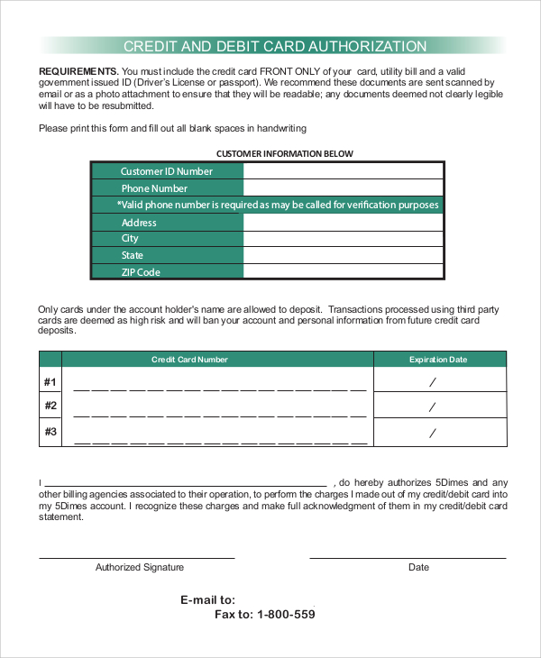 pdf debit form card Examples Sample   Authorization in Card Form 8 Credit