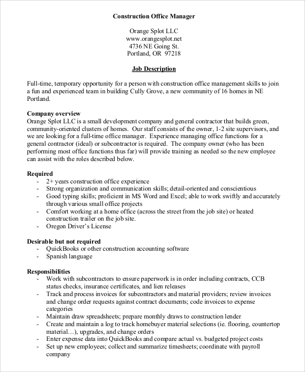 construction office manager job description