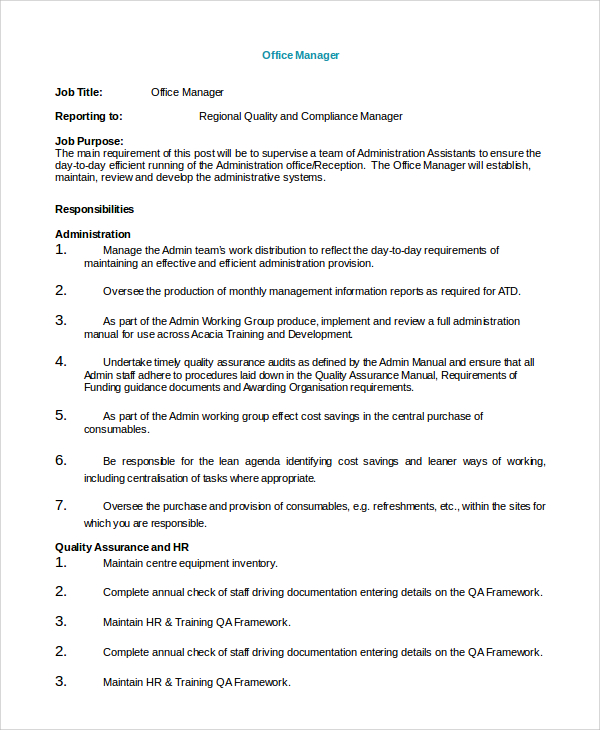 FREE 9+ Sample Office Manager Job Description Templates in PDF MS Word