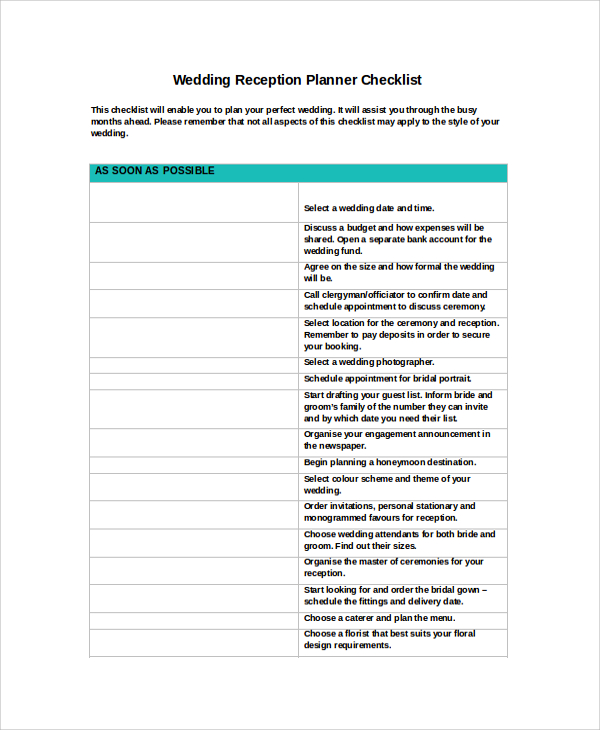 wedding reception planner checklist 