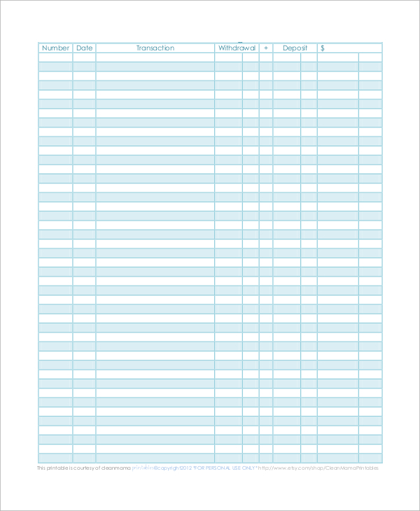 checkbook size check register printable fill in