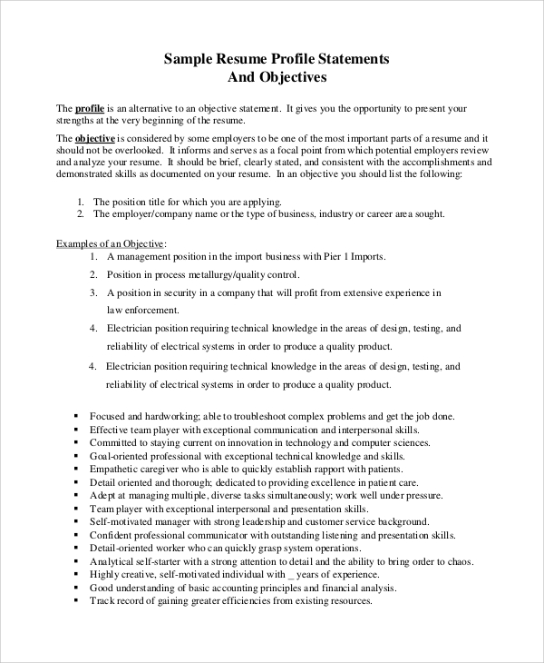 Sample Objective Statements