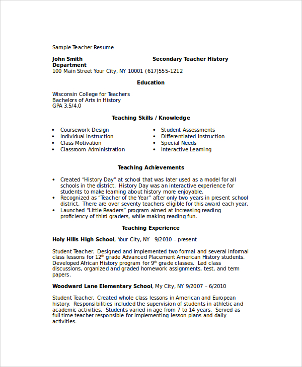 sample teacher resume format