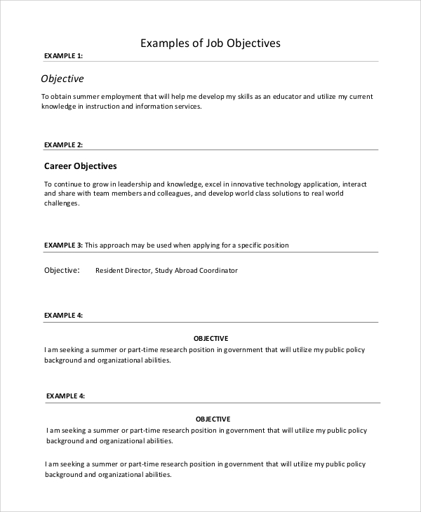 Free 9 Sample Resume Objective Templates In Pdf Ms Word 1110