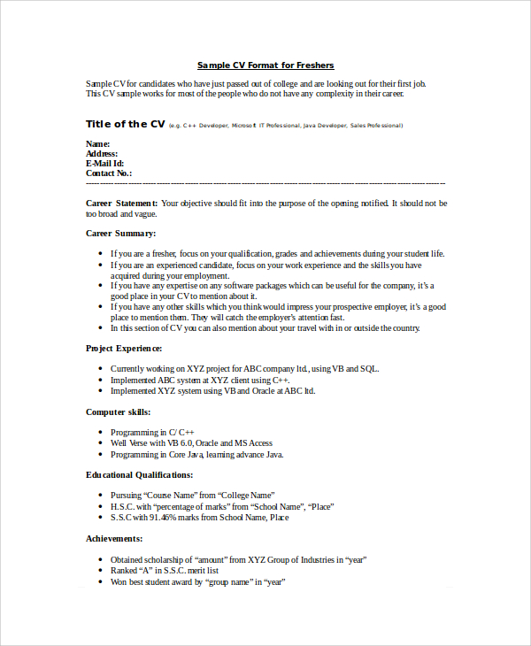 sample resume format for fresher
