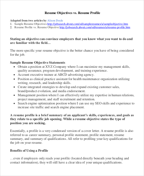 8+ Sample Resume Objectives  Sample Templates