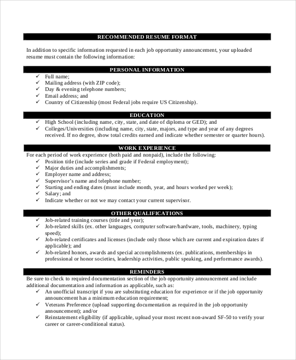 sample recommended resume format