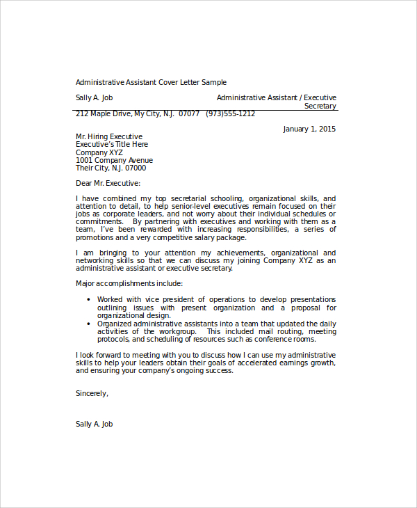 sample cover letter for administrative assistant