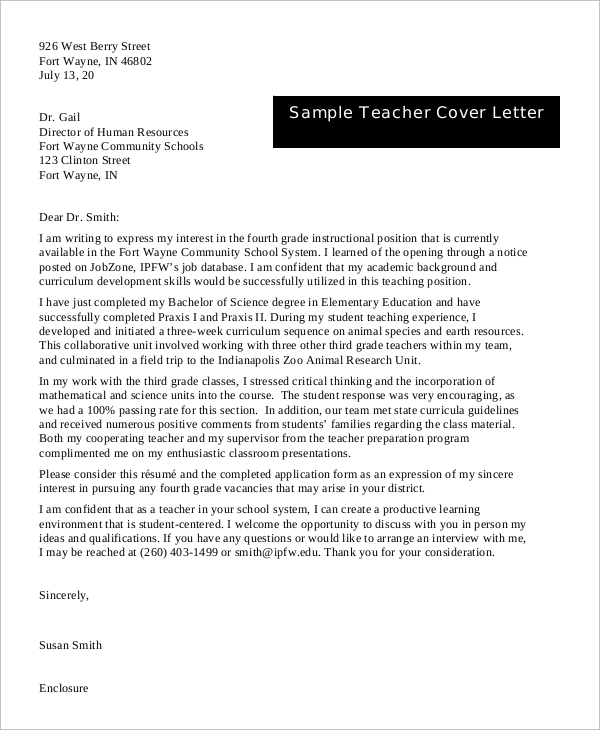 sample teacher cover letter