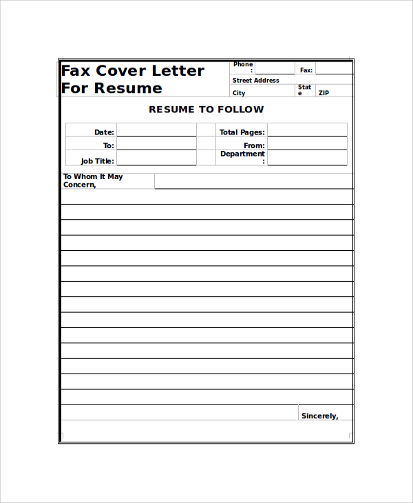 Cover page to fax a resume