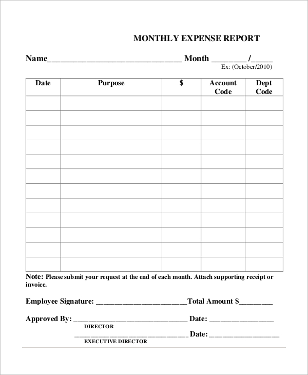 free sample monthly expense report 