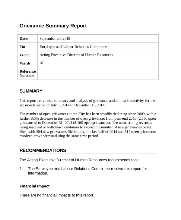 grievance summary report