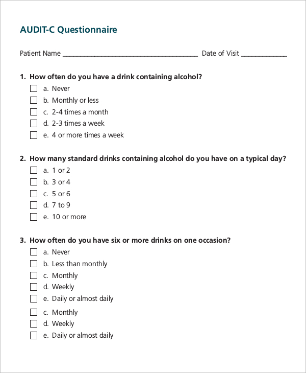 sample audit c questionnaire