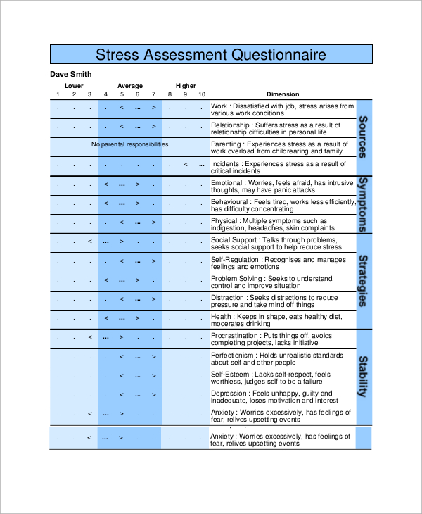 stress assessment questionnaire