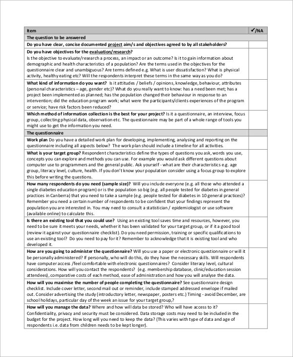 checklist planning questionnaire