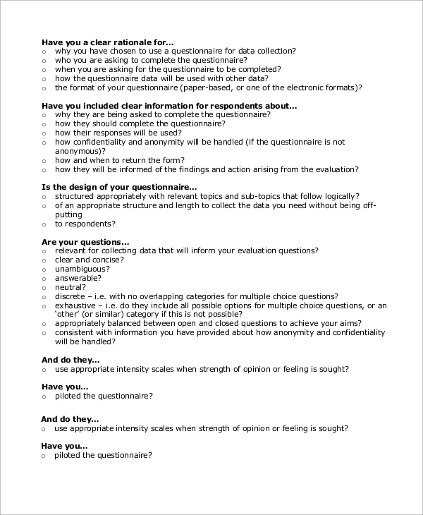 questionnaire for data checklist