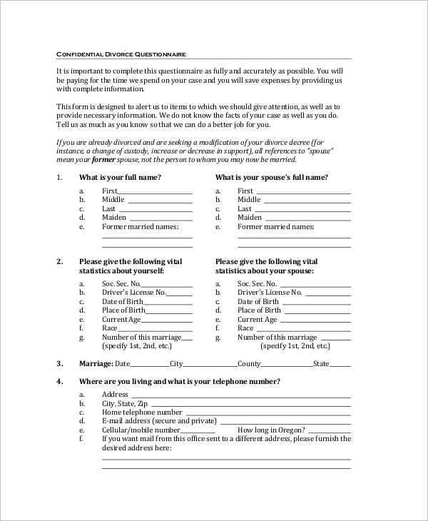 confidential divorce questionnaire